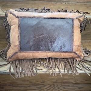 Western Real Leather Throw Pillow with Fringe